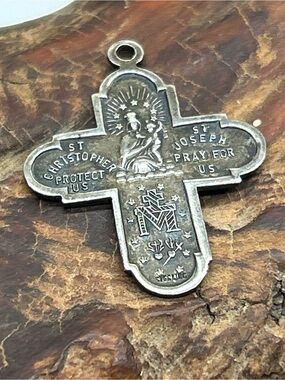 Sterling Catholic Religious Cross Medal Jesus Mary St. Christopher St. Joseph